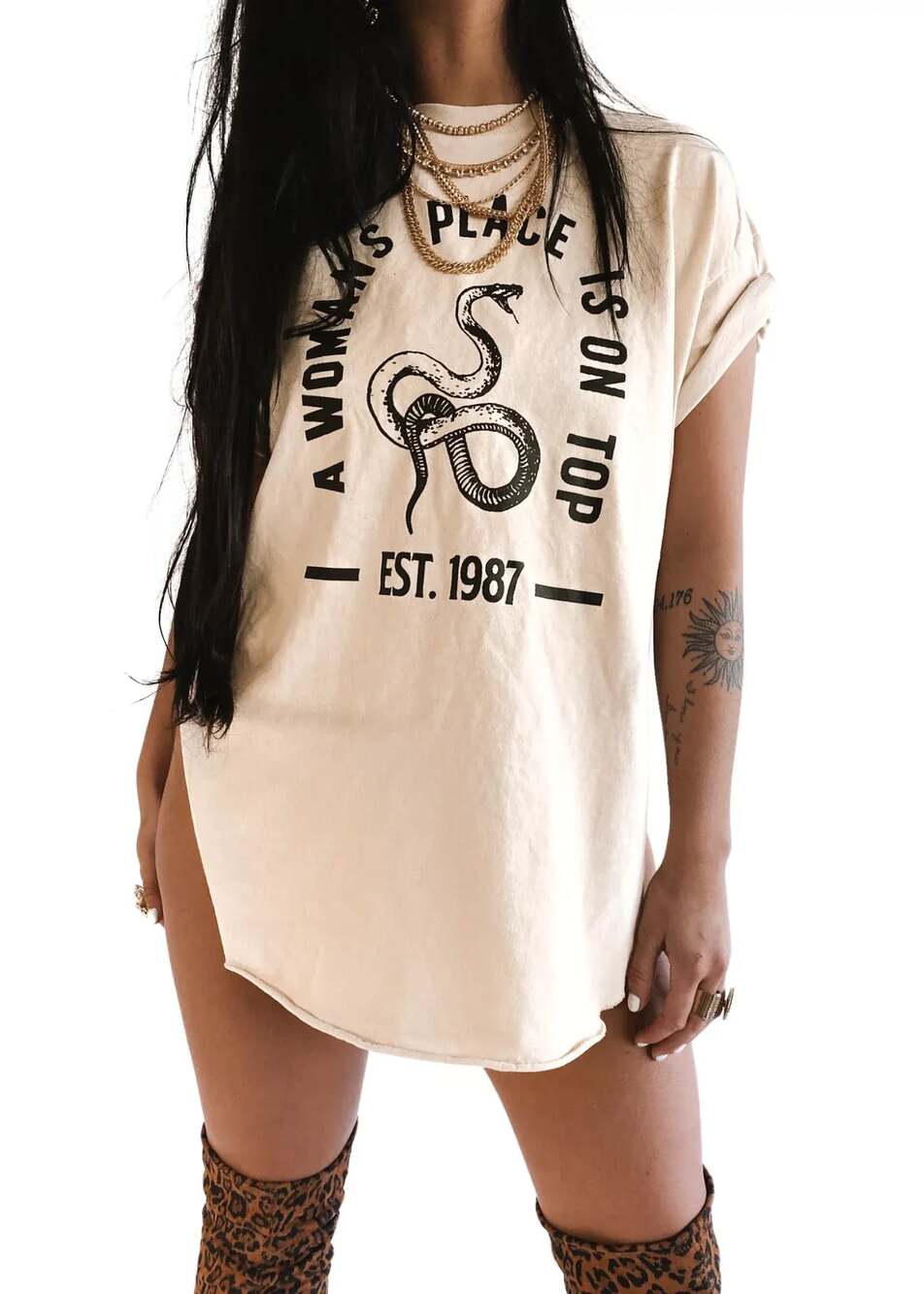 Graphic Snake Print Short Sleeve Tee - Cream